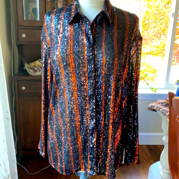 Zara sequin top black and orangey bronze button up shirt size Medium - Picture 13 of 13